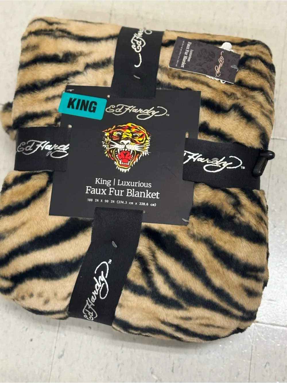Ed Hardy Faux Fur Tiger Stripe Throw Blanket - Beige and Black